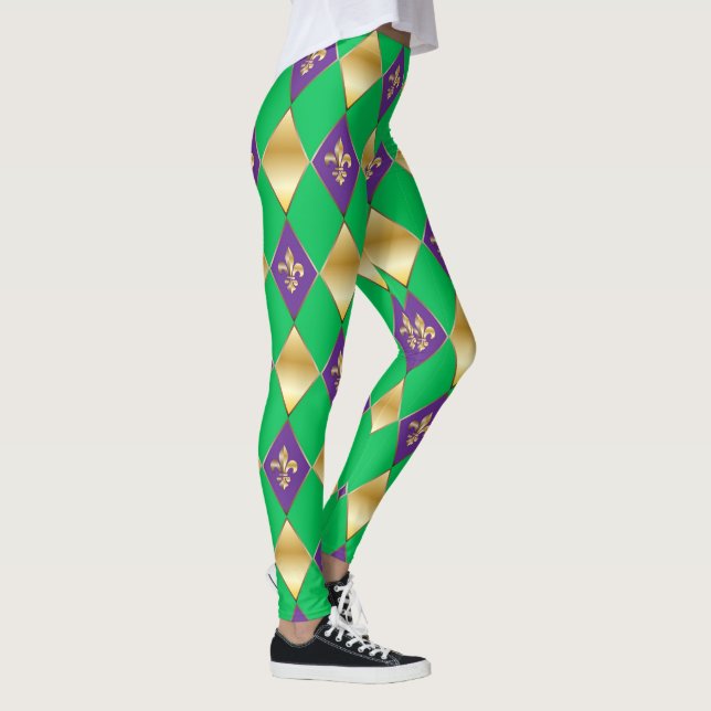 Mardi Gras Carnival Fleur de Lis Diamond Harlequin Leggings (Höger)