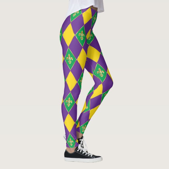 Mardi Gras Carnival Fleur de Lis Diamond Harlequin Leggings (Höger)
