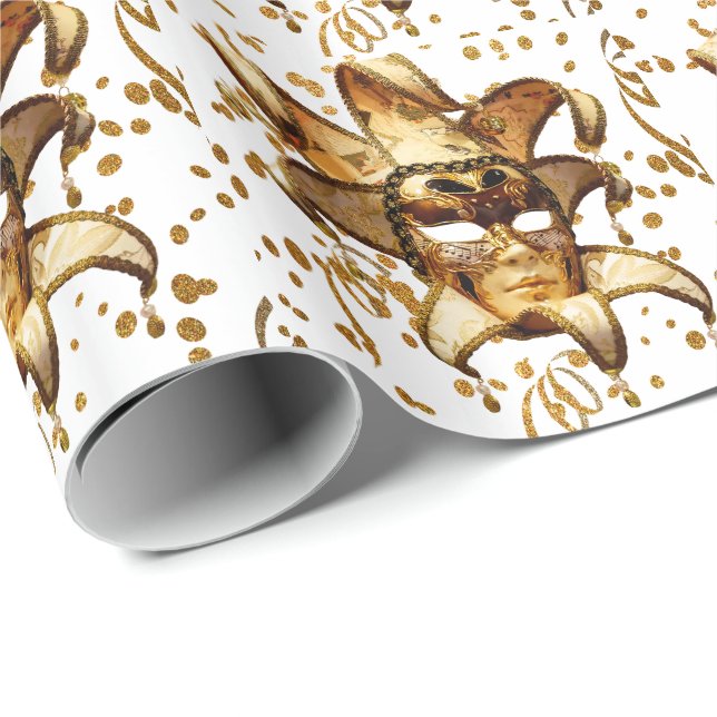 Mardi Gras Carnival Guld-mask med konfetti Presentpapper (Rullad Hörn)