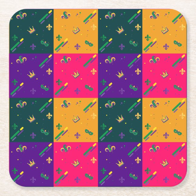 Mardi Gras Carnival Harlequin Fleur de Lis Diamond Underlägg Papper Kvadrat (Framsidan)