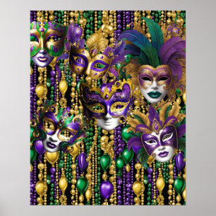 Mardi Gras Carnival Lila Grönt Mask Pärlor Art Poster
