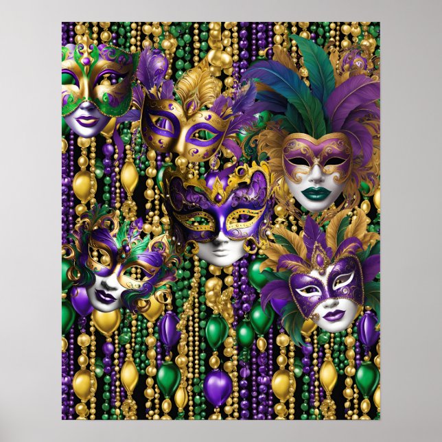 Mardi Gras Carnival Lila Grönt Mask Pärlor Art Poster (Framsidan)