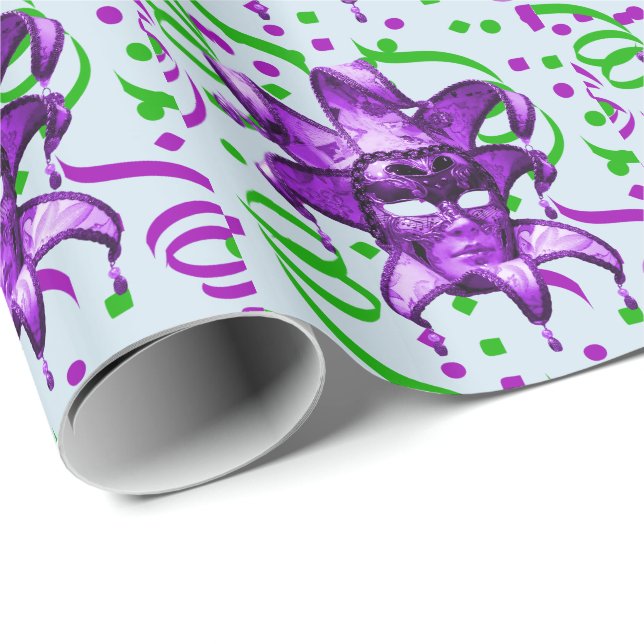 Mardi Gras Carnival Lila Mask med konfetti Presentpapper (Rullad Hörn)