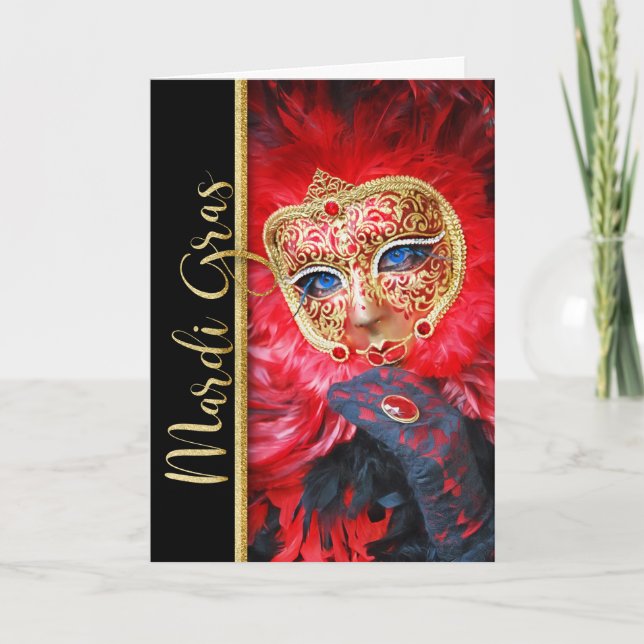 Mardi Gras Carnival Mask med röda fjädrar Kort (Framsida)