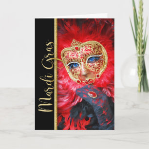 Mardi Gras Carnival Mask med röda fjädrar Kort