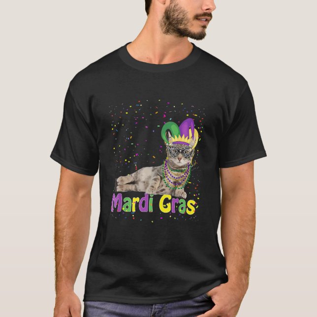 Mardi Gras Cat Mardi Gras Bead Jester Hat Cat T Shirt (Framsida)