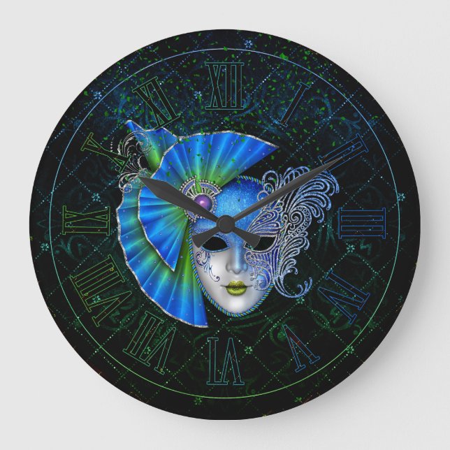 Mardi Gras Clock, blå Grönt Mardi Gras Mask Stor Klocka (Framsida)
