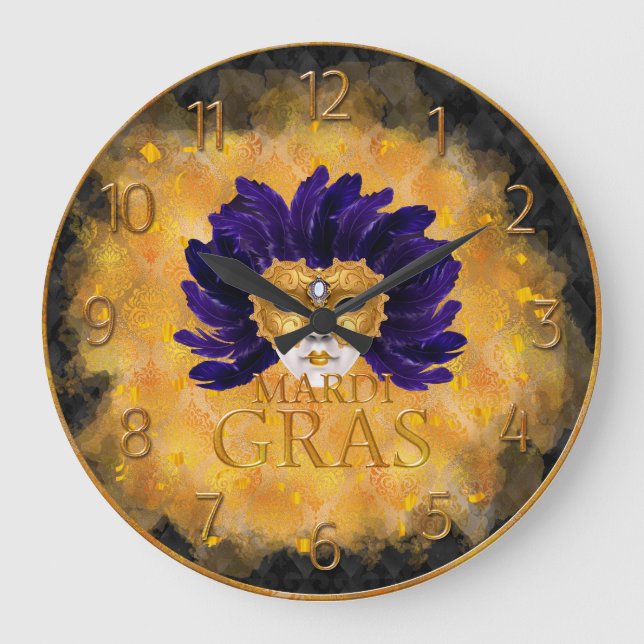 Mardi Gras Clock, Blue Feather Mardi Gras Mask Stor Klocka (Framsida)