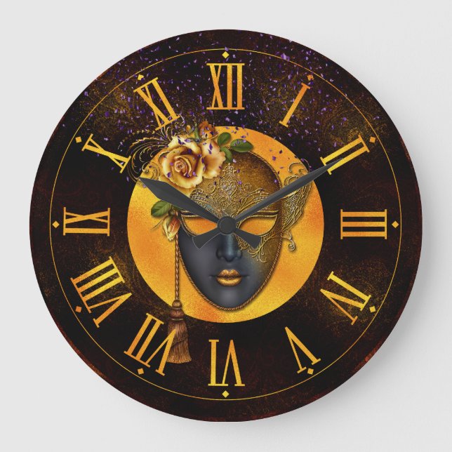 Mardi Gras Clock, Blue Mask Golden Ro Stor Klocka (Framsida)
