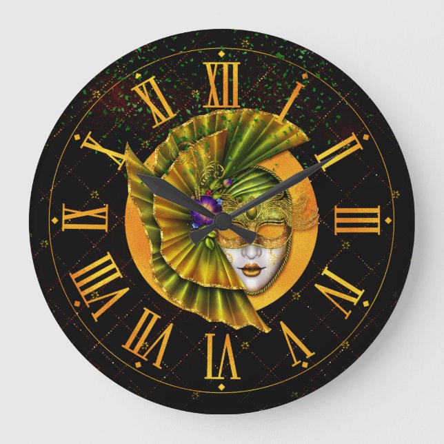 Mardi Gras Clock, Carnival Grönt Golden Mask Stor Klocka (Framsida)