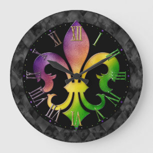 Mardi Gras Clock, Colorful Fleur de Lis Large Clo Stor Klocka