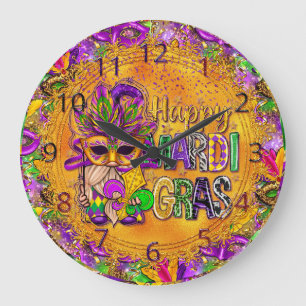 Mardi Gras Clock, Colorful Lycklig Mardi Gras Gnom Stor Klocka
