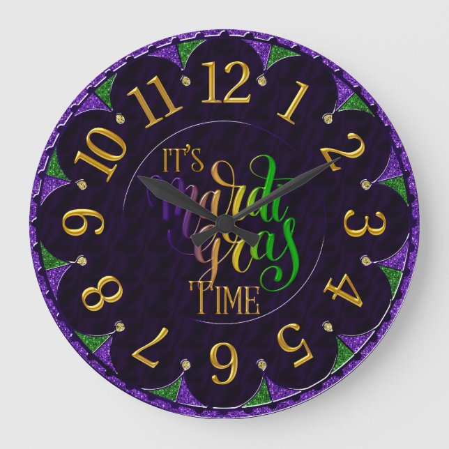 Mardi Gras Clock, färglöst Mardi Gras Time Stor Klocka (Framsida)