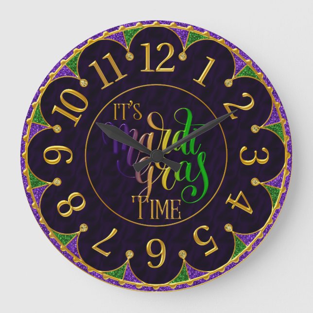 Mardi Gras Clock, färgstark Mardi Gras Time L. Stor Klocka (Framsida)