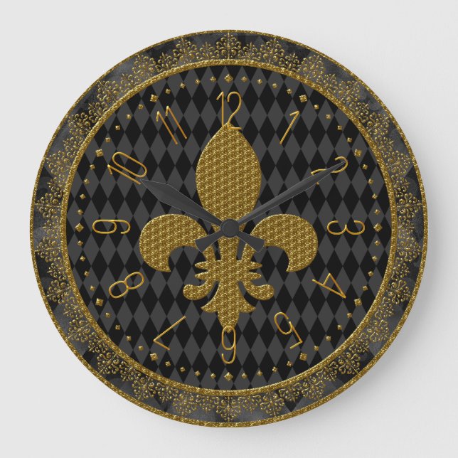 Mardi Gras Clock, Golden Fleur de Lis Large Clock Stor Klocka (Framsida)