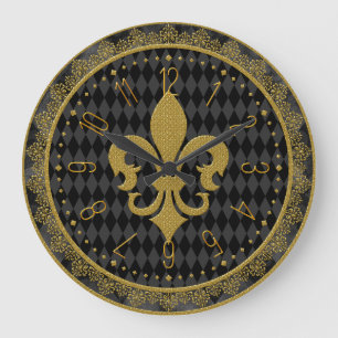 Mardi Gras Clock, Golden Fleur de Lis Stor Klocka