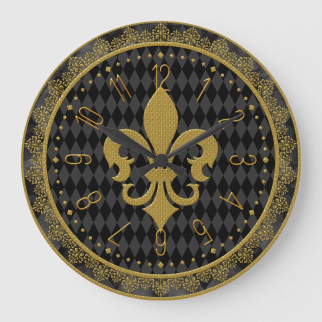 Mardi Gras Clock, Golden Fleur de Lis Stor Klocka (Framsida)