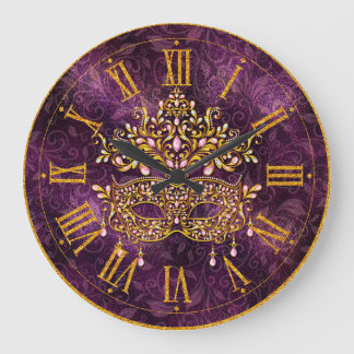 Mardi Gras Clock, Golden Jeweled Mask Stor Klocka
