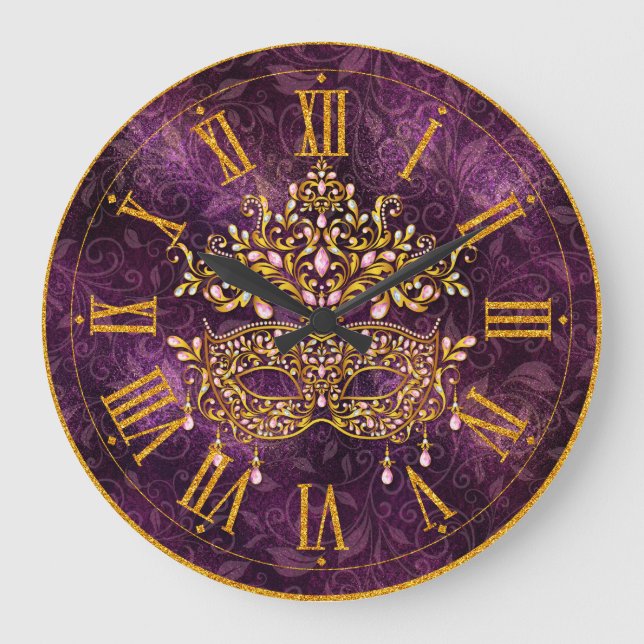 Mardi Gras Clock, Golden Jeweled Mask Stor Klocka (Framsida)
