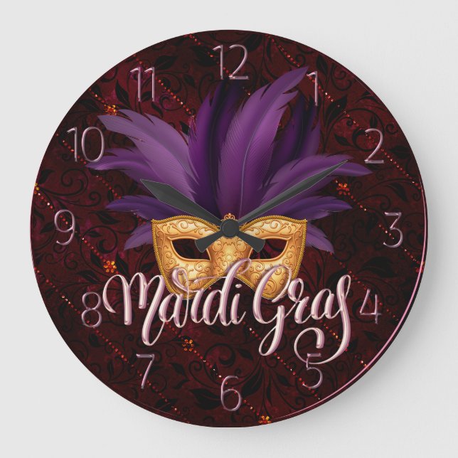 Mardi Gras Clock, Mardi Gras Feather Mask Stor Klocka (Framsida)