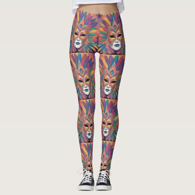 Mardi Gras Colorful Feather Mask on Black Leggings (Framsida)