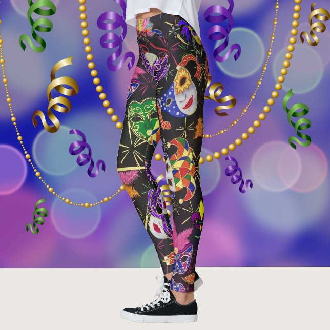 Mardi Gras Colorful Feather Mask on Black Leggings (Skapare uppladdad)