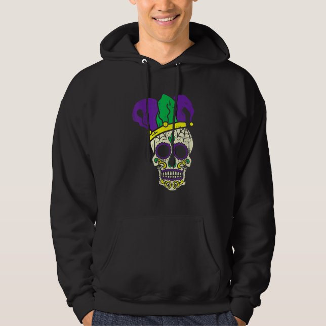 Mardi Gras Cute Skull Jester Hat Masked Beads Fest Hoodie (Framsida)