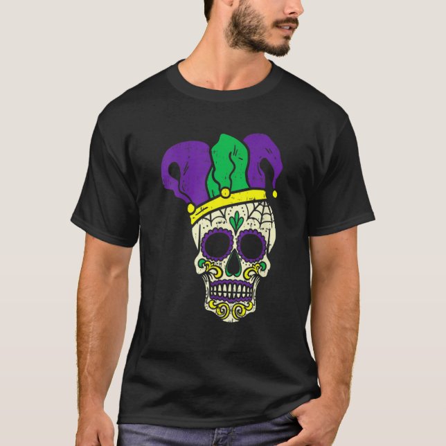 Mardi Gras Cute Skull Jester Hat Masked Beads Fest T Shirt (Framsida)