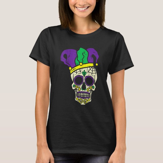 Mardi Gras Cute Skull Jester Hat Masked Beads Fest T Shirt (Framsida)