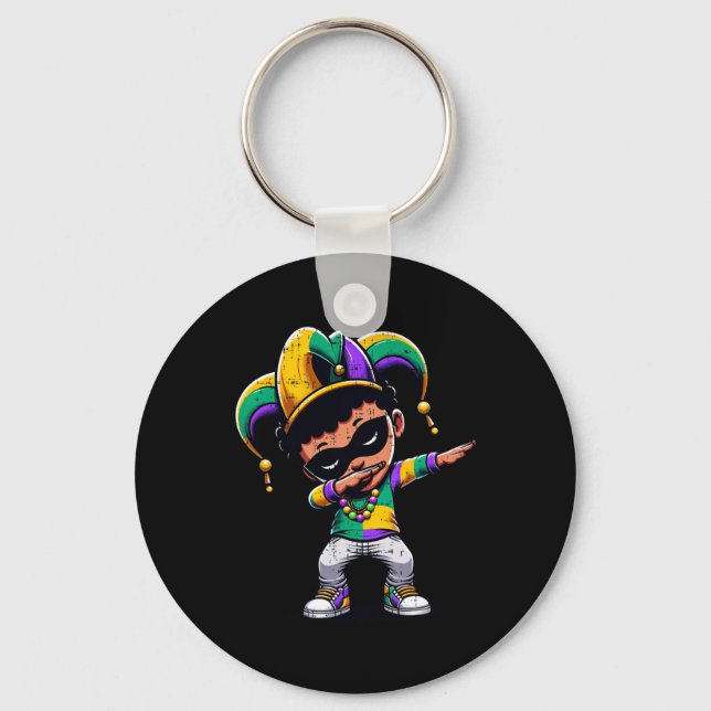 Mardi Gras Dabbing Boy Black Funny Outfit Jester H Nyckelring (Framsida)