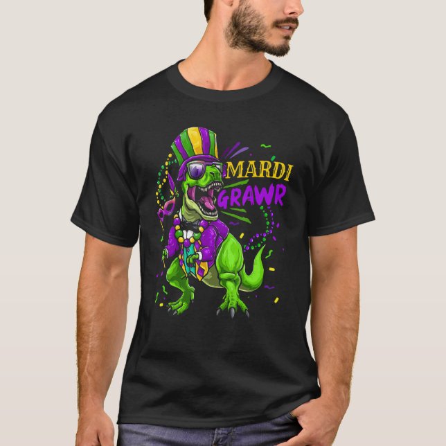 Mardi Gras Dabbing Rex Dinosaur Mardi Grawr Bead C T Shirt (Framsida)