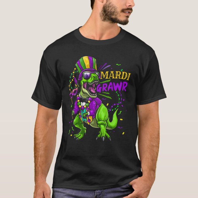 Mardi Gras Dabbing T Rex Dinosaur Mardi Grawr Bead Shirt (Framsida)