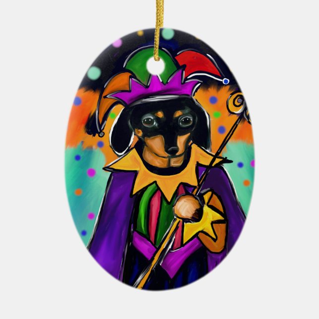 MARDI GRAS DACHSHUND JULGRANSPRYDNAD KERAMIK (Framsidan)