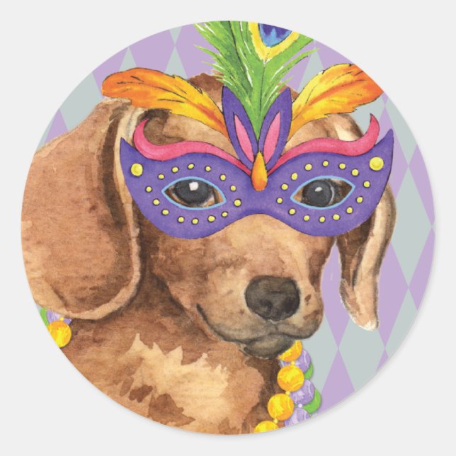 Mardi Gras Dachshund Runt Klistermärke (Framsida)