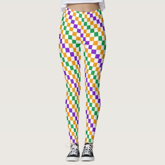 Mardi gras-diagonalt schackbrädemönster leggings (Framsida)