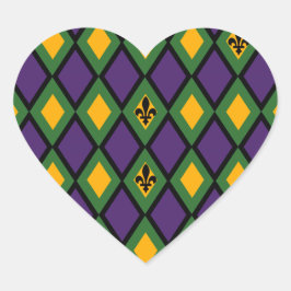 Mardi Gras Diamond Mönster med Fleur De Lis Hjärtformat Klistermärke