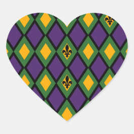 Mardi Gras Diamond Mönster med Fleur De Lis Hjärtformat Klistermärke
