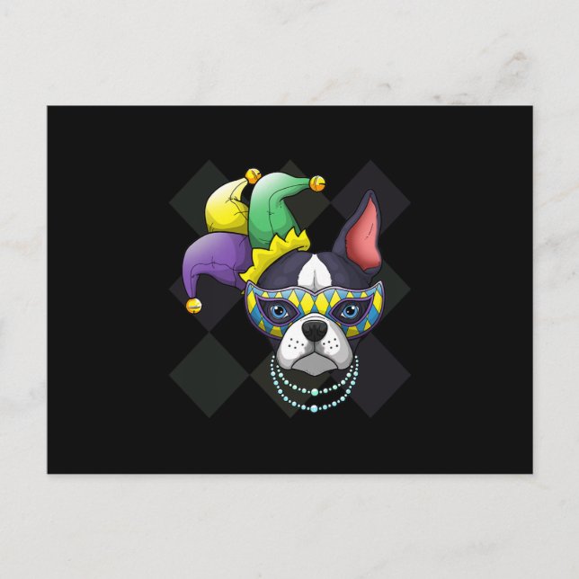 Mardi Gras Dog Shirt Funny Boston Terrier Lover Vykort (Framsida)