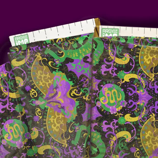 Mardi Gras Dragon, Snake, Fantasy Woman Damask Tyg (close-up with ruler)