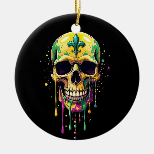 Mardi Gras Dripping Skull New Orleans Carnival Julgransprydnad Keramik (Framsidan)