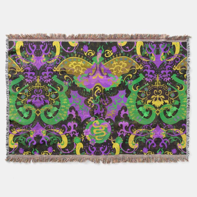 Mardi Gras Färg Damask Dragon, Butterfly, Snake Filt (Framsidan)