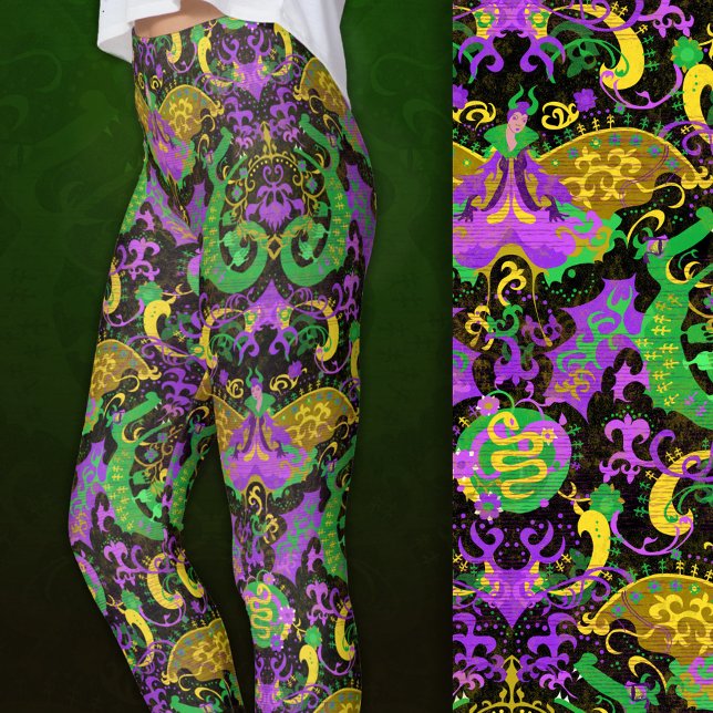 Mardi Gras Färg Damask Dragon, Butterfly, Snake Leggings (Close-up)