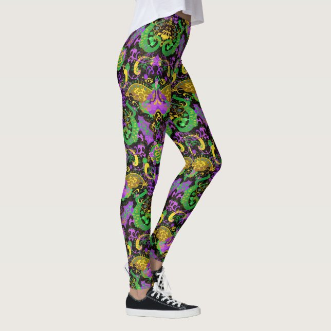 Mardi Gras Färg Damask Dragon, Butterfly, Snake Leggings (Höger)