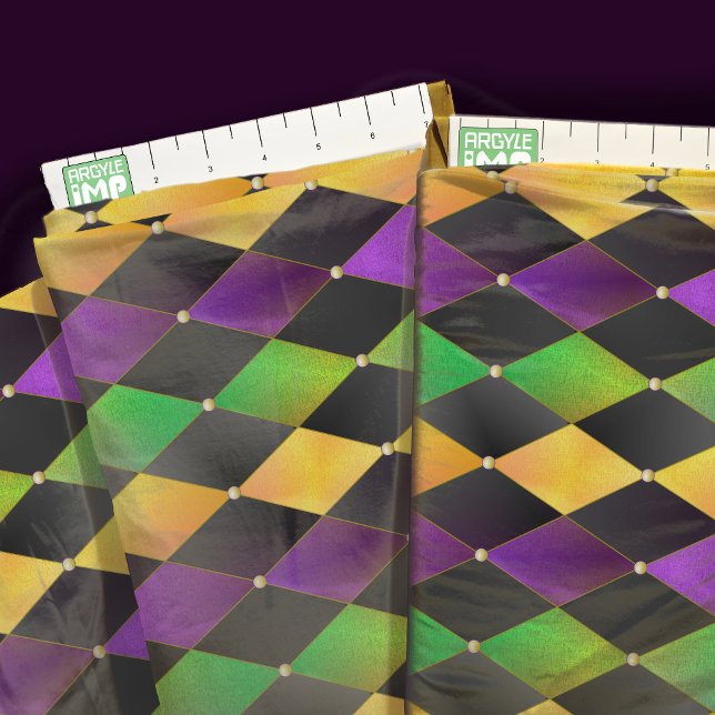 Mardi Gras Färg Diamond Harlequin Argyle - Black Tyg (close-up with ruler)