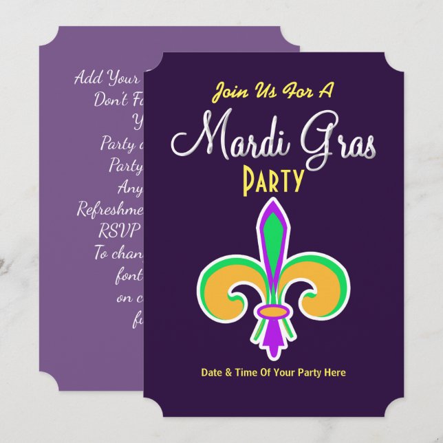 Mardi Gras färgar Fleur De Lis Invitera Inbjudningar (Fram/baksida)
