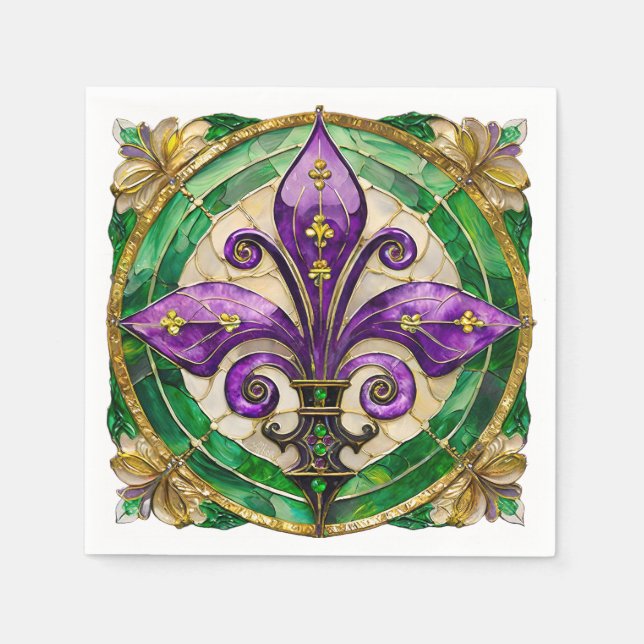 Mardi Gras Färgat glas Fleur de lis  Pappersservett (Framsidan)