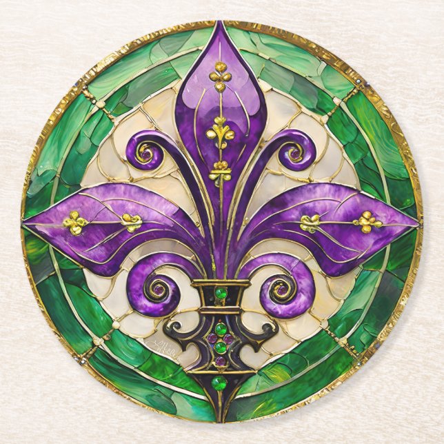 Mardi Gras Färgat Glas Fleur de lis Underlägg Papper Rund (Framsidan)