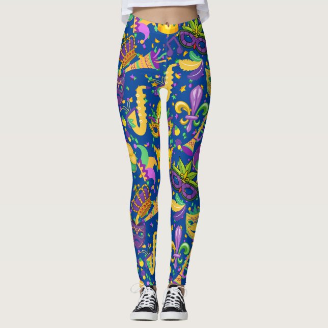 Mardi gras-färger Blå Leggings (Framsida)