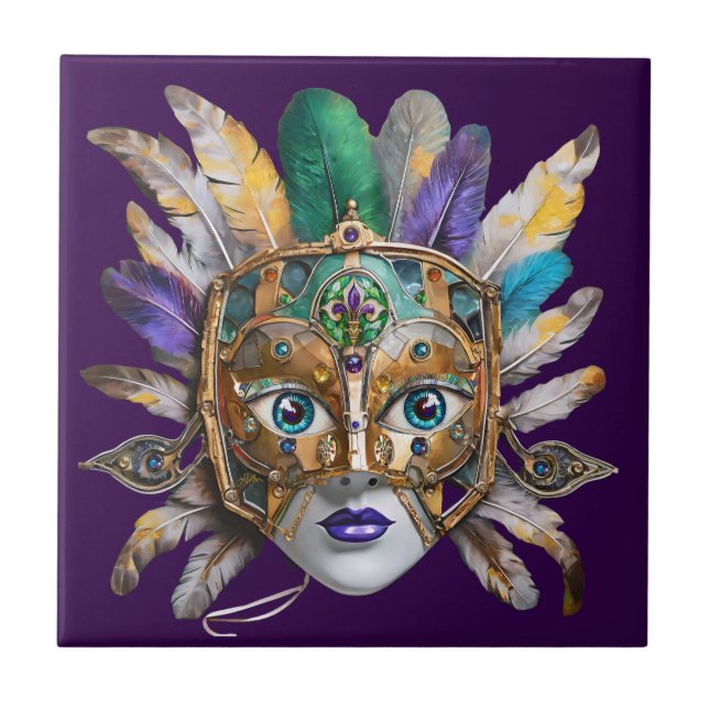 Mardi Gras Feather och Metall Mask Kakelplatta (Framsidan)