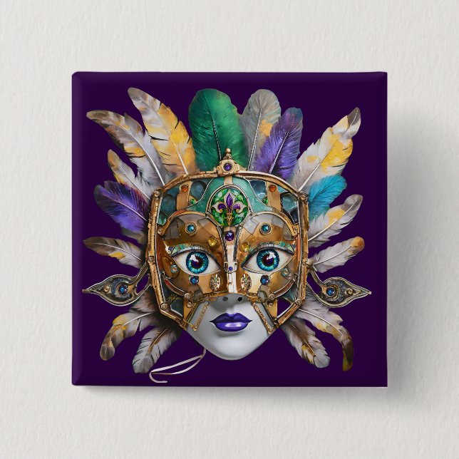 Mardi Gras Feather och Metall Mask Knapp (Framsida)
